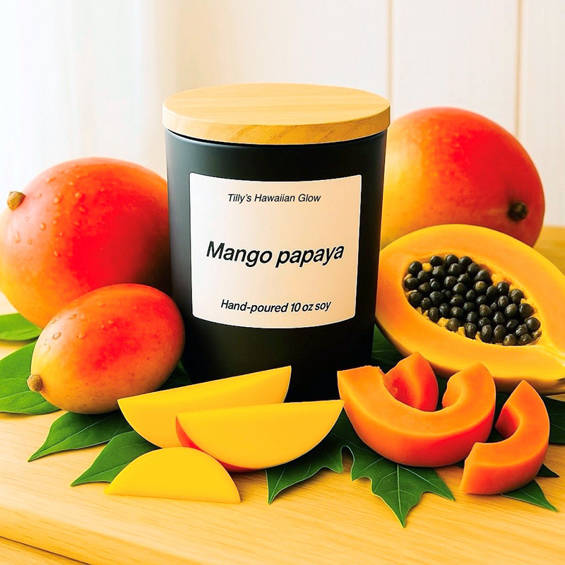 Tilly's Hawaiian Glow Mango Papaya 10 oz hand-poured black soy candle with wooden lid, surrounded by whole mangoes, whole and sliced papayas, and green leaves.