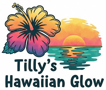 Tilly's Hawaiian Glow logo featuring a colorful hibiscus flower transitioning from yellow to pink to purple, next to an orange and yellow sunset over turquoise ocean waves.